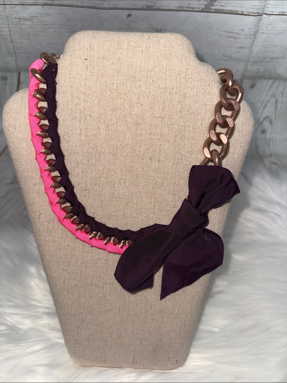 Stella & Dot Bella Bow Necklace with Purple & Hot Pink Ribbon & Rose Gold Chain